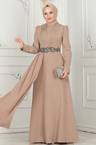 moda selvim Beli Taş İşlemeli Abiye Elbise 6883MDH809 Vizyon - Thumbnail