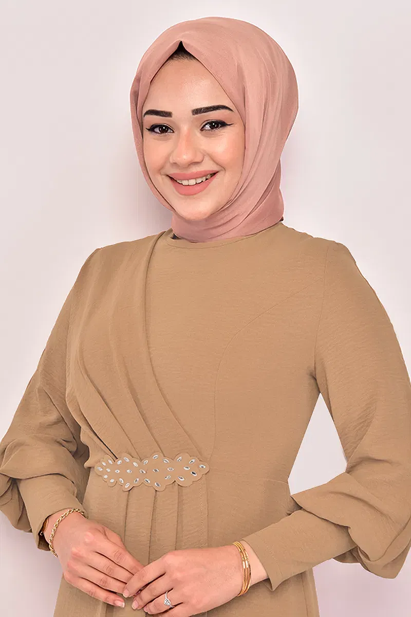 moda selvim Beli Taş İşlemeli Elbise ASM2569-M Camel - Thumbnail