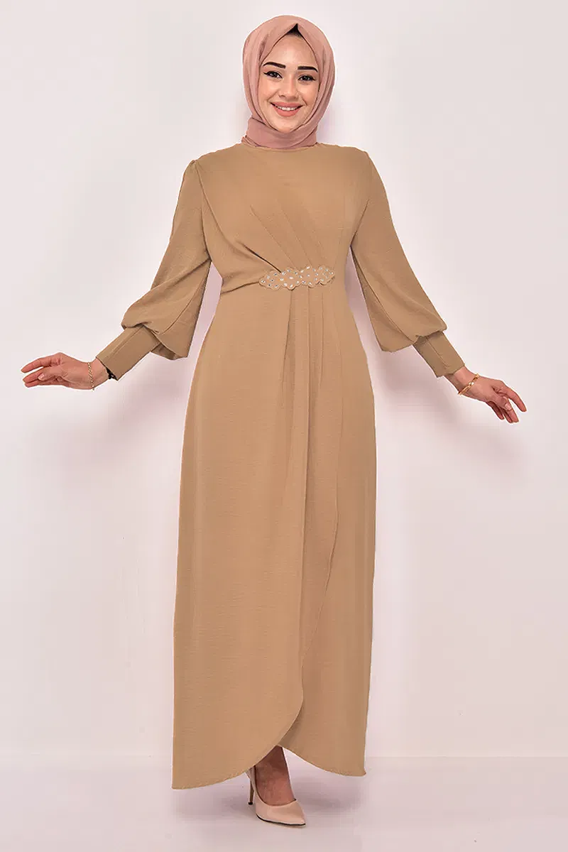 moda selvim Beli Taş İşlemeli Elbise ASM2569-M Camel - Thumbnail