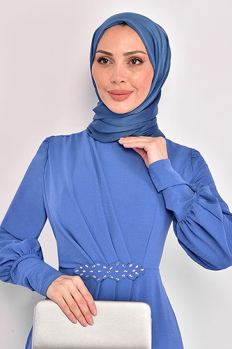 moda selvim Beli Taş İşlemeli Elbise ASM2569-M İndigo - Thumbnail