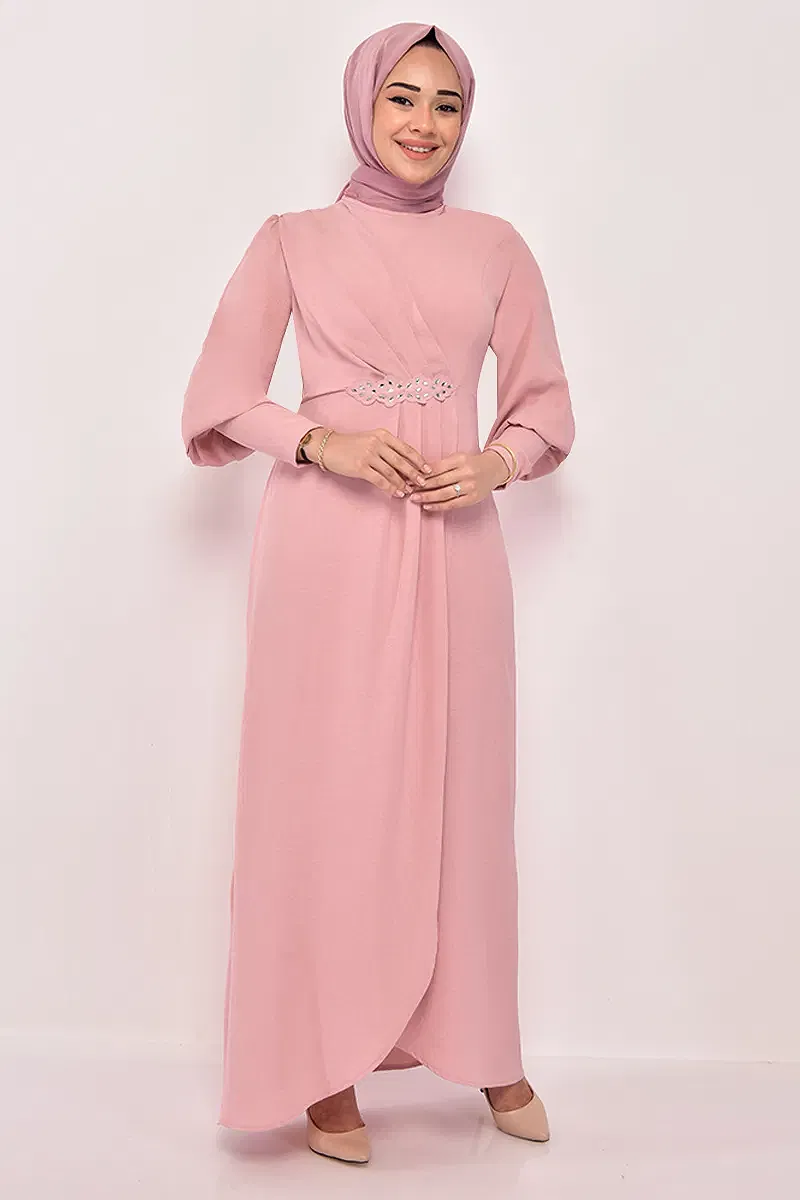 moda selvim Beli Taş İşlemeli Elbise ASM2569-M Pudra - Thumbnail