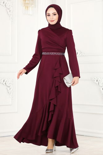 moda selvim Beli Taşlı Abiye Elbise 2497ASMK1074 Bordo - Thumbnail