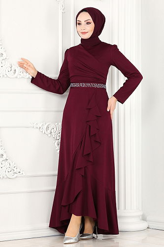 moda selvim Beli Taşlı Abiye Elbise 2497ASMK1074 Bordo - Thumbnail