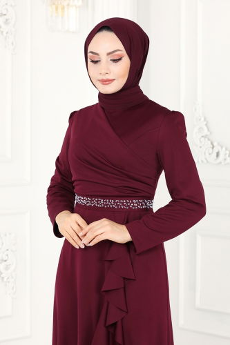 moda selvim Beli Taşlı Abiye Elbise 2497ASMK1074 Bordo - Thumbnail