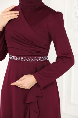 moda selvim Beli Taşlı Abiye Elbise 2497ASMK1074 Bordo - Thumbnail