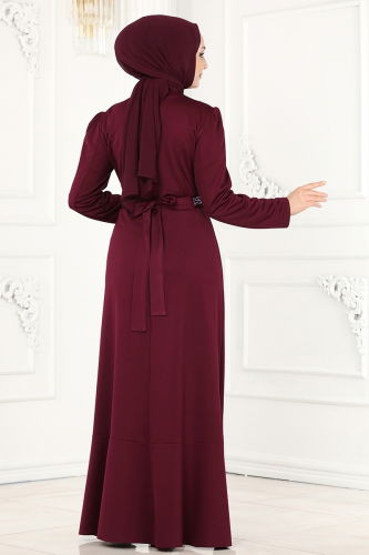 moda selvim Beli Taşlı Abiye Elbise 2497ASMK1074 Bordo - Thumbnail