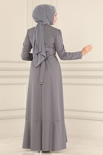 moda selvim Beli Taşlı Abiye Elbise 2497ASMK1074 Gri - Thumbnail