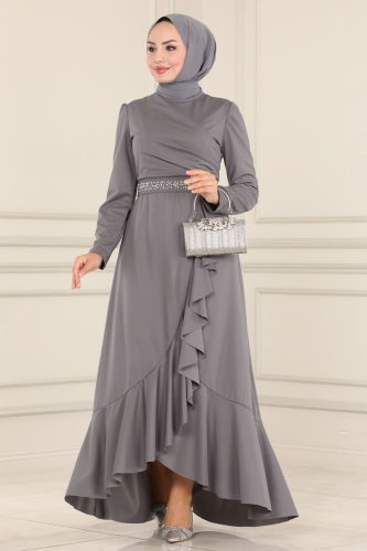 moda selvim Beli Taşlı Abiye Elbise 2497ASMK1074 Gri - Thumbnail