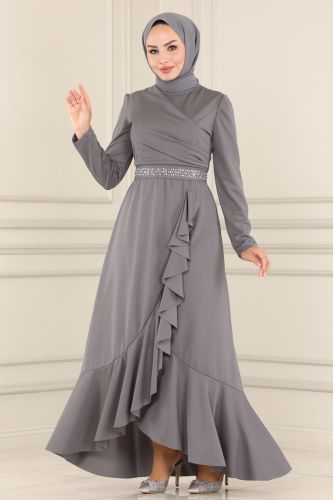 moda selvim Beli Taşlı Abiye Elbise 2497ASMK1074 Gri - Thumbnail