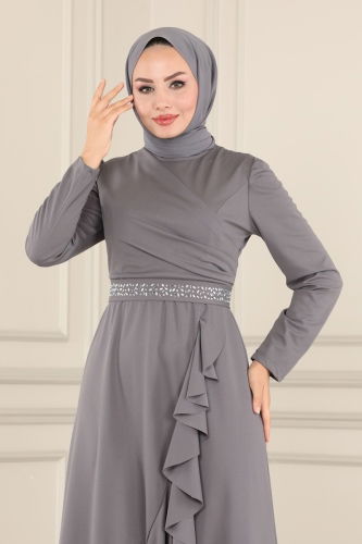 moda selvim Beli Taşlı Abiye Elbise 2497ASMK1074 Gri - Thumbnail
