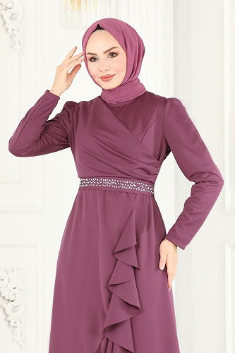 moda selvim Beli Taşlı Abiye Elbise 2497ASMK1074 Gül Kurusu - Thumbnail