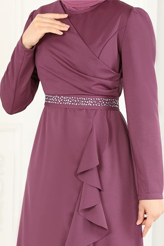 moda selvim Beli Taşlı Abiye Elbise 2497ASMK1074 Gül Kurusu - Thumbnail