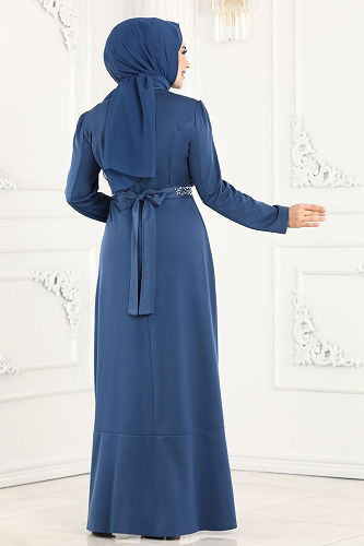 moda selvim Beli Taşlı Abiye Elbise 2497ASMK1074 İndigo - Thumbnail