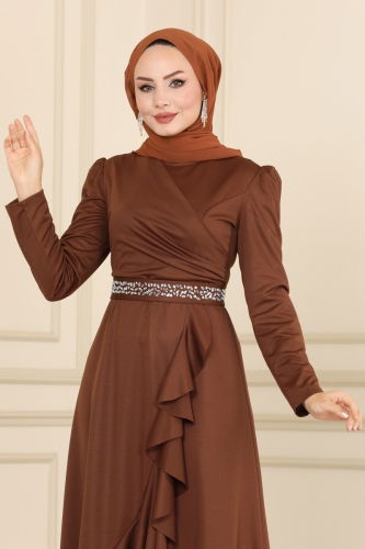moda selvim Beli Taşlı Abiye Elbise 2497ASMK1074 Kahve - Thumbnail