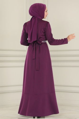 moda selvim Beli Taşlı Abiye Elbise 2497ASMK1074 Koyu Mürdüm - Thumbnail