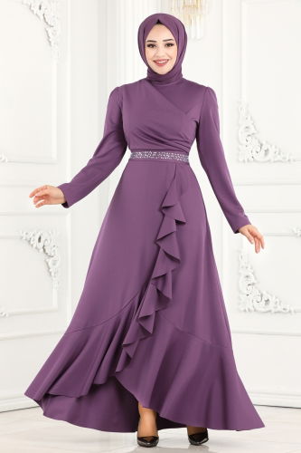 moda selvim Beli Taşlı Abiye Elbise 2497ASMK1074 Lila - Thumbnail