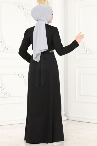 moda selvim Beli Taşlı Abiye Elbise 2497ASMK1074 Siyah - Thumbnail