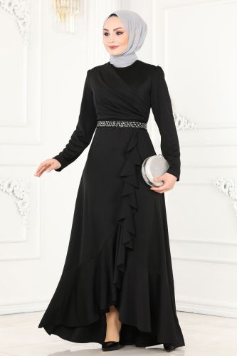 moda selvim Beli Taşlı Abiye Elbise 2497ASMK1074 Siyah - Thumbnail
