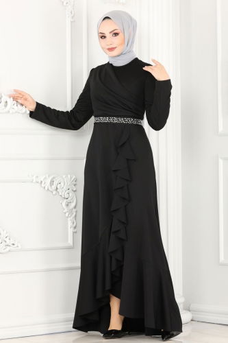 moda selvim Beli Taşlı Abiye Elbise 2497ASMK1074 Siyah - Thumbnail