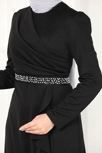 moda selvim Beli Taşlı Abiye Elbise 2497ASMK1074 Siyah - Thumbnail