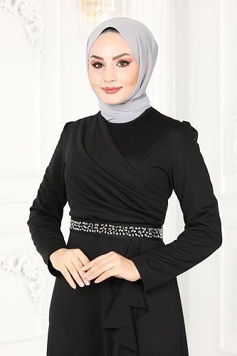 moda selvim Beli Taşlı Abiye Elbise 2497ASMK1074 Siyah - Thumbnail