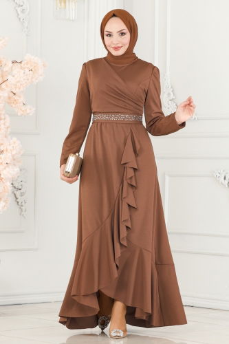 moda selvim Beli Taşlı Abiye Elbise 2497ASMK1074 Taba - Thumbnail