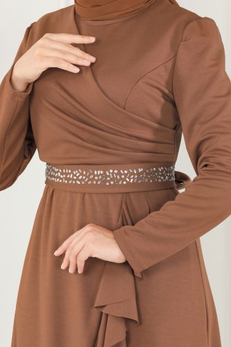 moda selvim Beli Taşlı Abiye Elbise 2497ASMK1074 Taba - Thumbnail