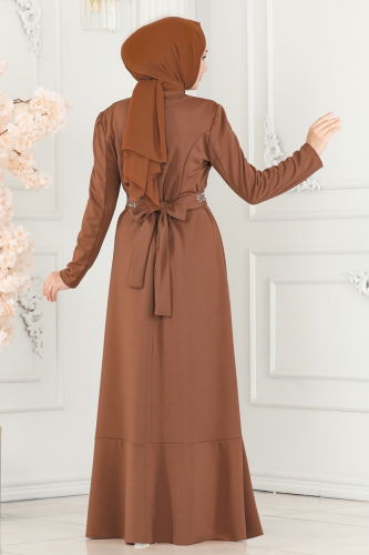 moda selvim Beli Taşlı Abiye Elbise 2497ASMK1074 Taba - Thumbnail