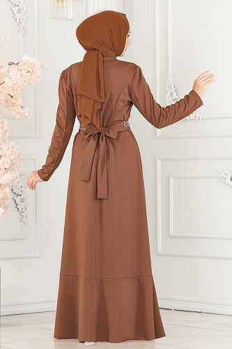 moda selvim Beli Taşlı Abiye Elbise 2497ASMK1074 Taba - Thumbnail