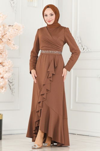 A.S.M.K. - Beli Taşlı Abiye Elbise 2497ASMK1074 Taba