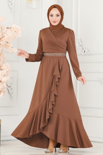 moda selvim Beli Taşlı Abiye Elbise 2497ASMK1074 Taba - Thumbnail