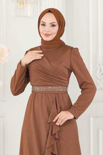 moda selvim Beli Taşlı Abiye Elbise 2497ASMK1074 Taba - Thumbnail