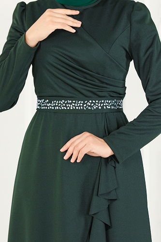 moda selvim Beli Taşlı Abiye Elbise 2497ASMK1074 Zümrüt - Thumbnail