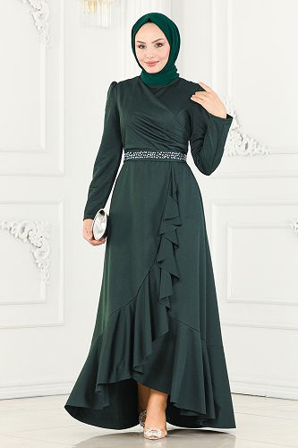 moda selvim Beli Taşlı Abiye Elbise 2497ASMK1074 Zümrüt - Thumbnail