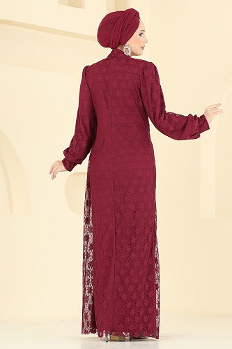 moda selvim Beli Taşlı Dantel Abiye 5739EDF311 Bordo - Thumbnail