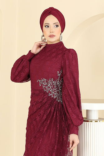 moda selvim Beli Taşlı Dantel Abiye 5739EDF311 Bordo - Thumbnail