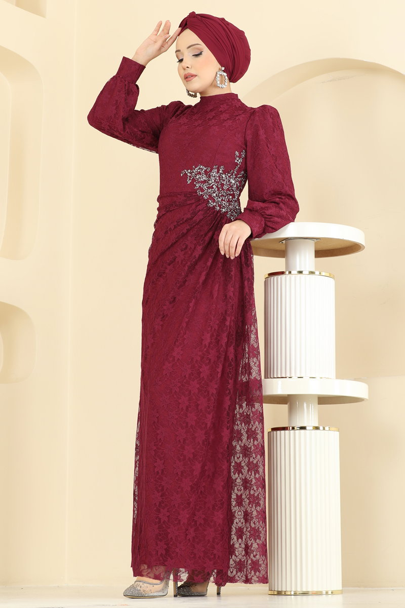 Beli  Taşlı Dantel Abiye 5739EDF311 Bordo