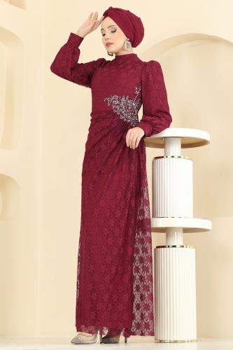 E.D.F. - Beli Taşlı Dantel Abiye 5739EDF311 Bordo