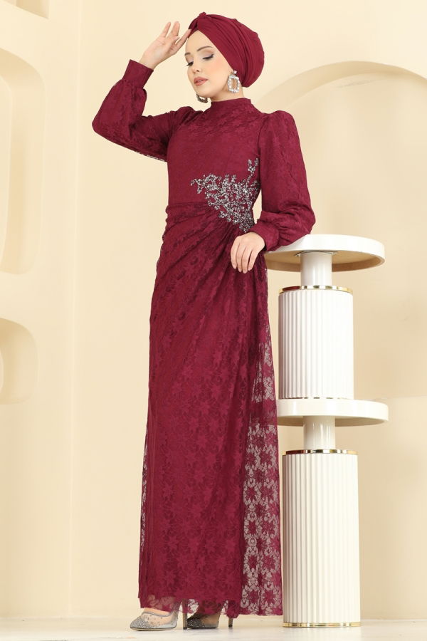 Modaselvim ABİYE Beli Taşlı Dantel Abiye 5739EDF311 Bordo