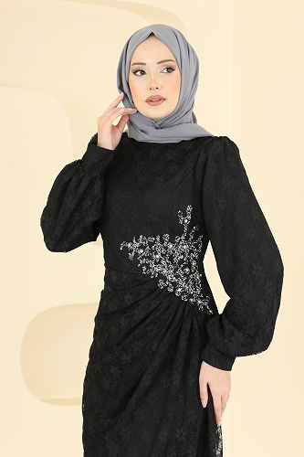 moda selvim Beli Taşlı Dantel Abiye 5739EDF311 Siyah - Thumbnail