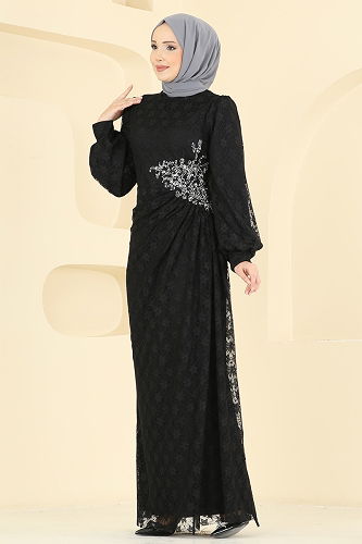 moda selvim Beli Taşlı Dantel Abiye 5739EDF311 Siyah - Thumbnail