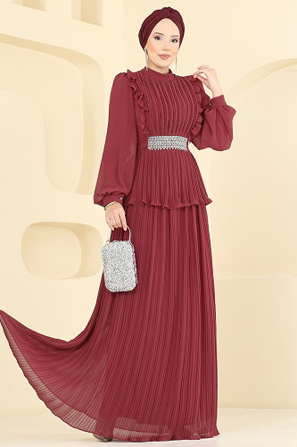 moda selvim Beli Taşlı Piliseli Abiye 5690DMNK1166 Bordo - Thumbnail