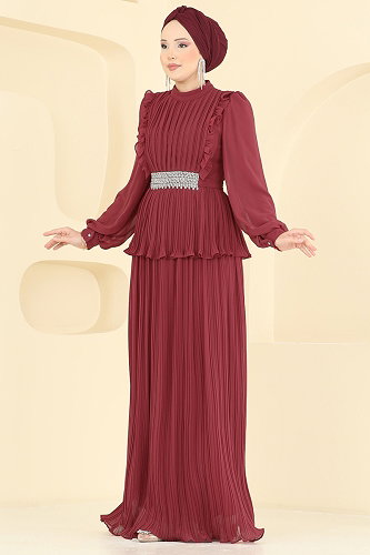moda selvim Beli Taşlı Piliseli Abiye 5690DMNK1166 Bordo - Thumbnail