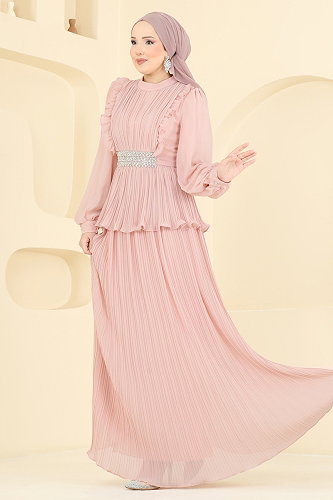 moda selvim Beli Taşlı Piliseli Abiye 5690DMNK1166 Pudra - Thumbnail