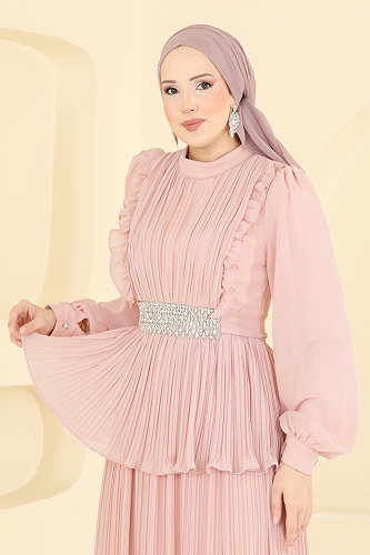 moda selvim Beli Taşlı Piliseli Abiye 5690DMNK1166 Pudra - Thumbnail