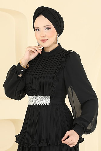 moda selvim Beli Taşlı Piliseli Abiye 5690DMNK1166 Siyah - Thumbnail