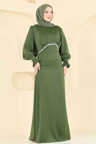 moda selvim Beli Taşlı Saten Abiye 6247BSK463 Haki - Thumbnail