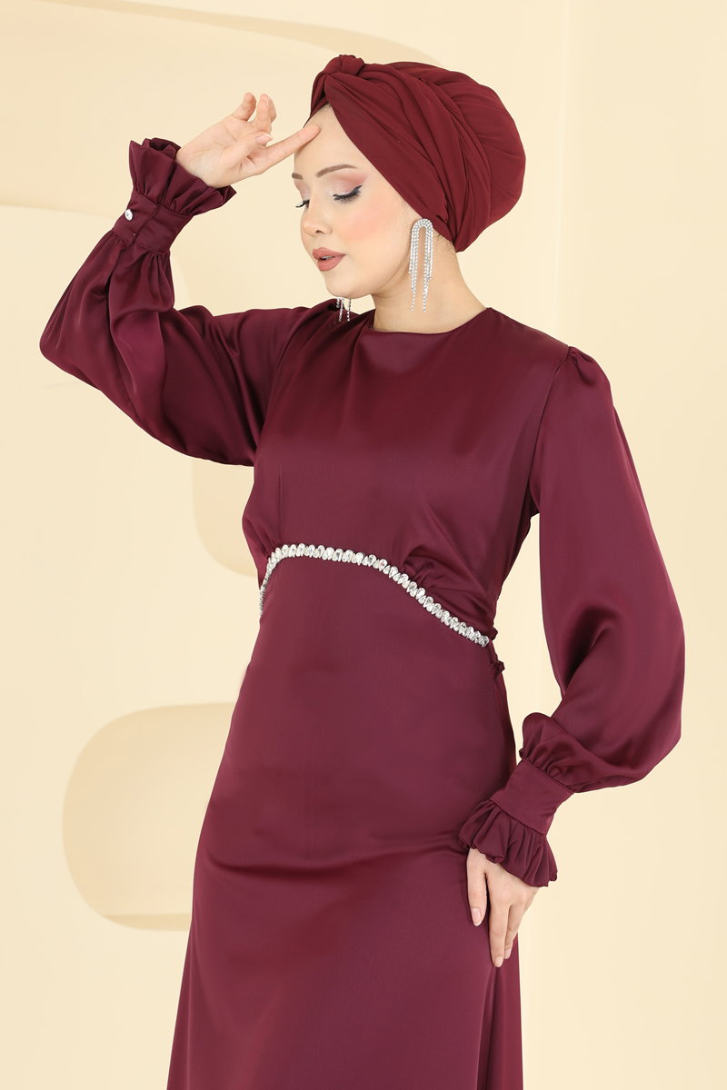 Beli Taşlı Saten Abiye 6247BSK463 Mürdüm