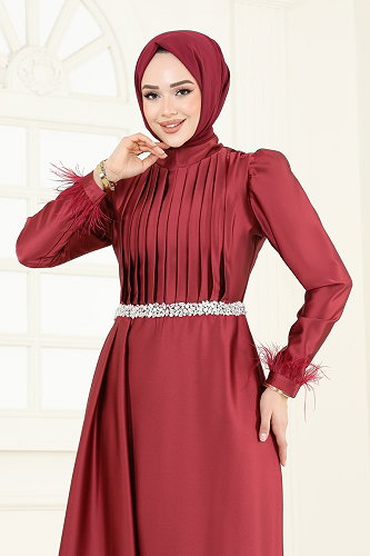 moda selvim Beli Taşlı Saten Abiye 8006YG95 Bordo - Thumbnail