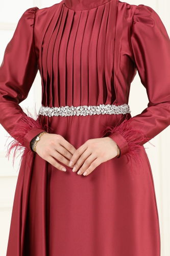 moda selvim Beli Taşlı Saten Abiye 8006YG95 Bordo - Thumbnail